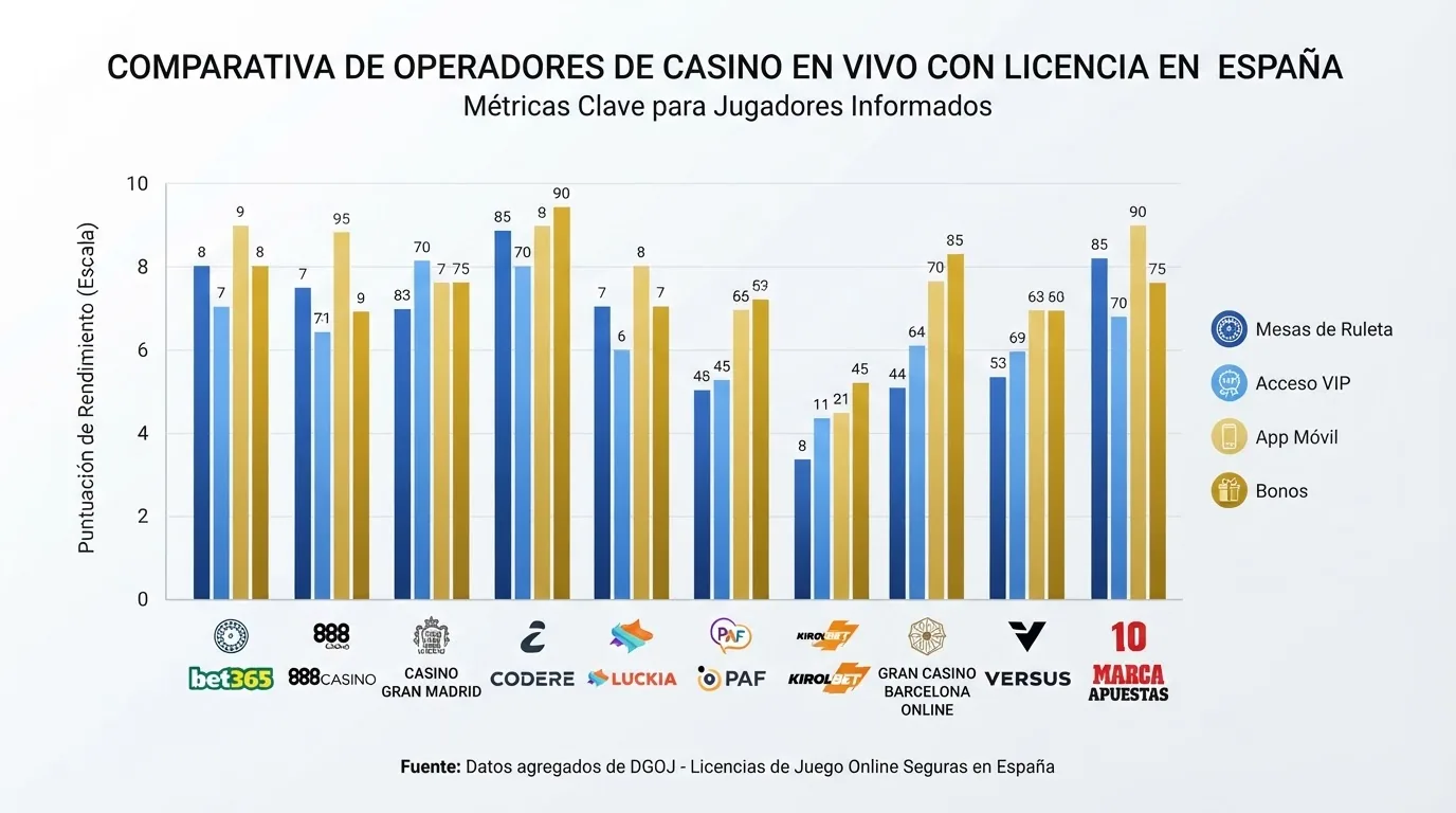 Una cuadrícula con los logotipos de los diez operadores del ranking ordenados junto a iconos que representan mesa de ruleta, app móvil y estrella VIP