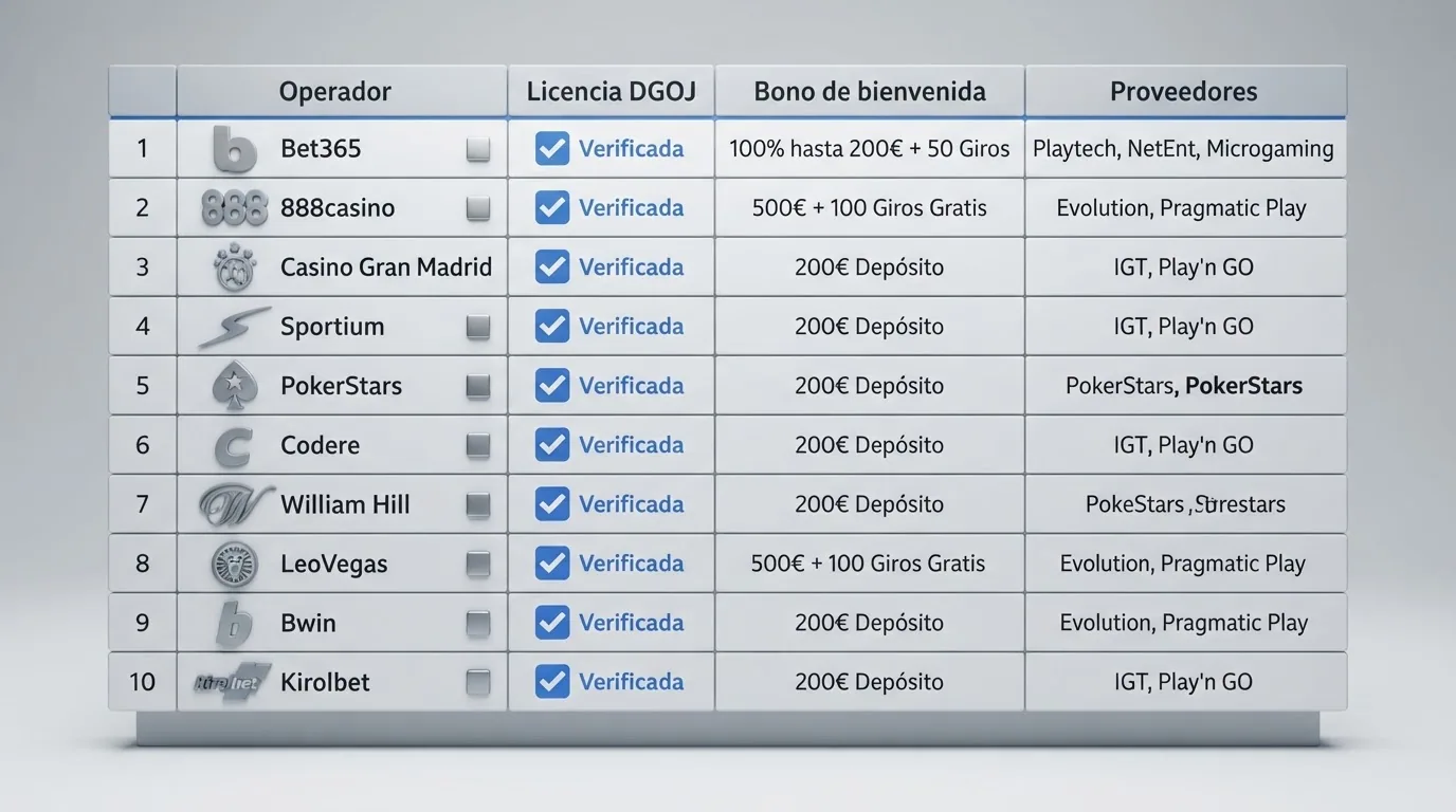 Una tabla comparativa con los nombres y logos de los operadores destacados, columnas de licencia y bono de bienvenida, y marcas de verificación junto al estatus DGOJ
