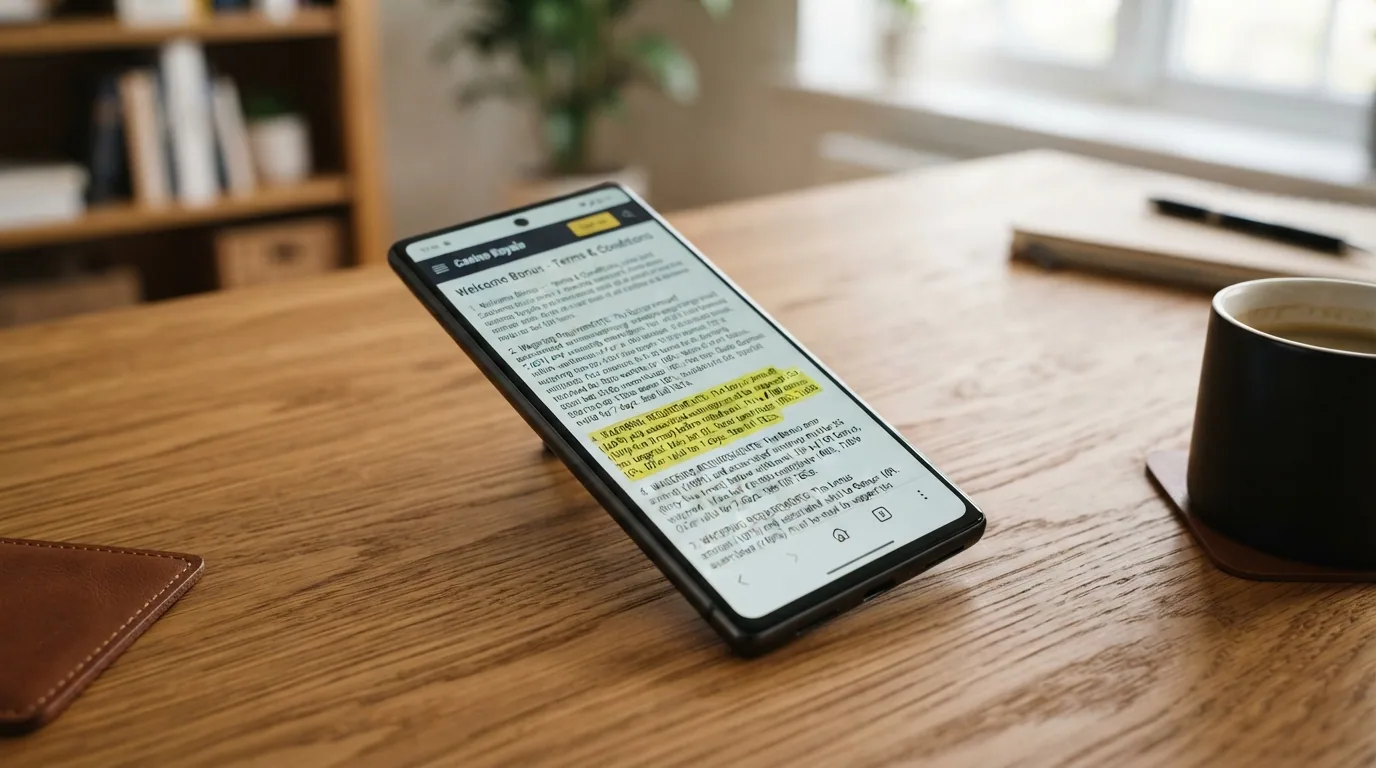Primer plano de los términos de un bono de bienvenida en la pantalla de un móvil, con el apartado de requisito de apuesta subrayado en amarillo