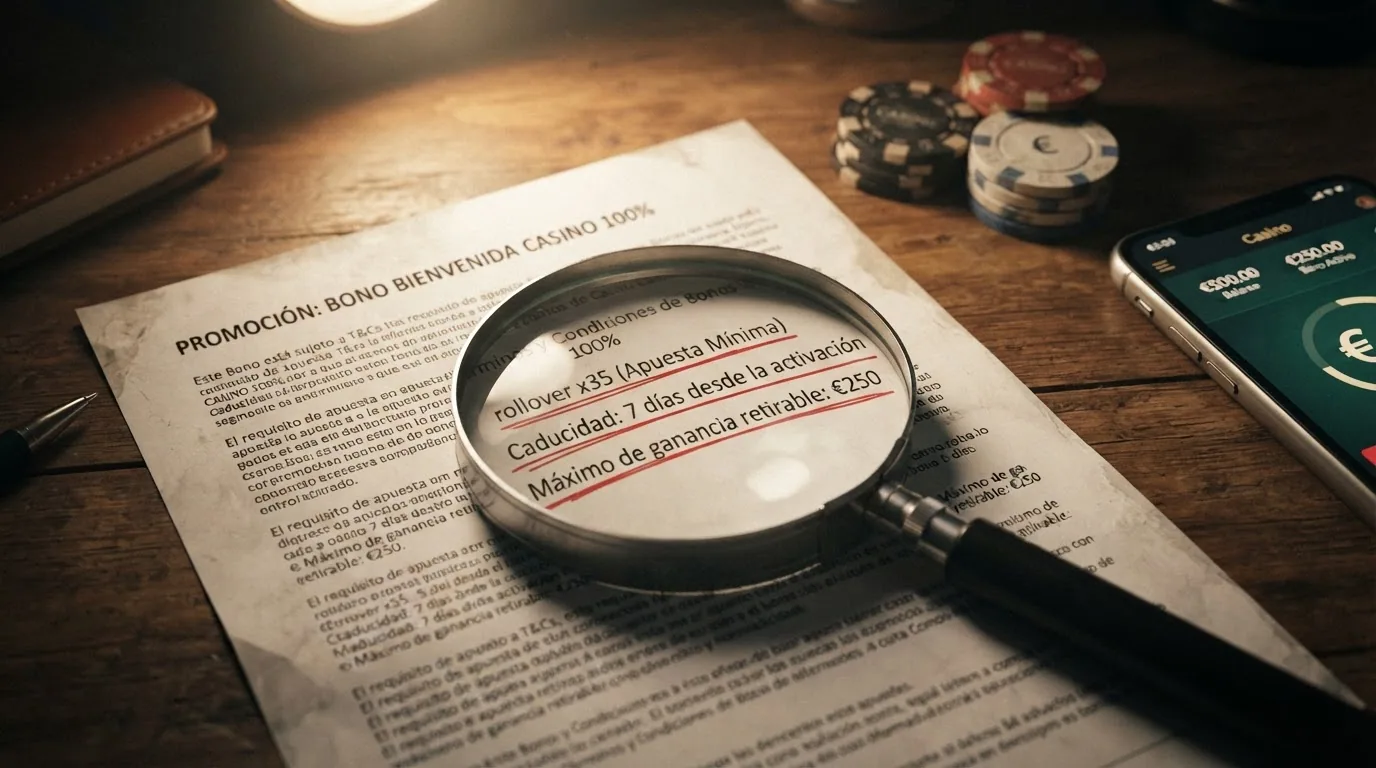 Una lupa sobre la letra pequeña de los términos de un bono de casino online, con tres líneas subrayadas: rollover, caducidad y máximo de ganancia retirable