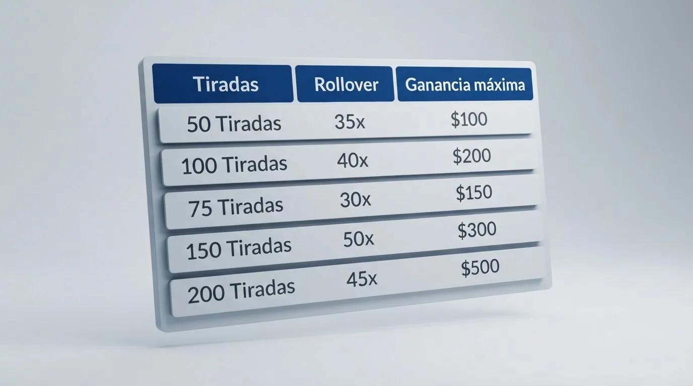 Primer plano de una tabla comparativa con tres columnas: tiradas, rollover y ganancia máxima, con los valores reales de los operadores destacados