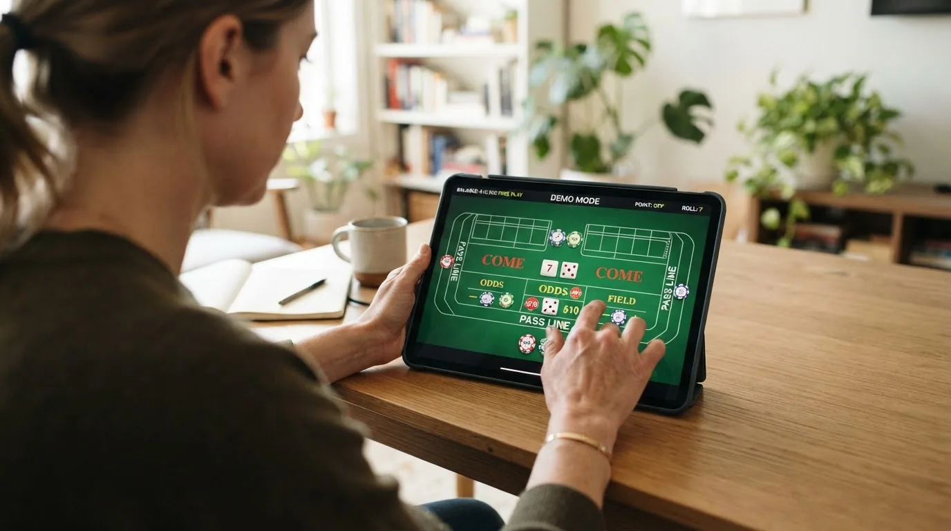 Captura de pantalla de un juego de craps online en modo demo con fichas virtuales sobre la mesa
