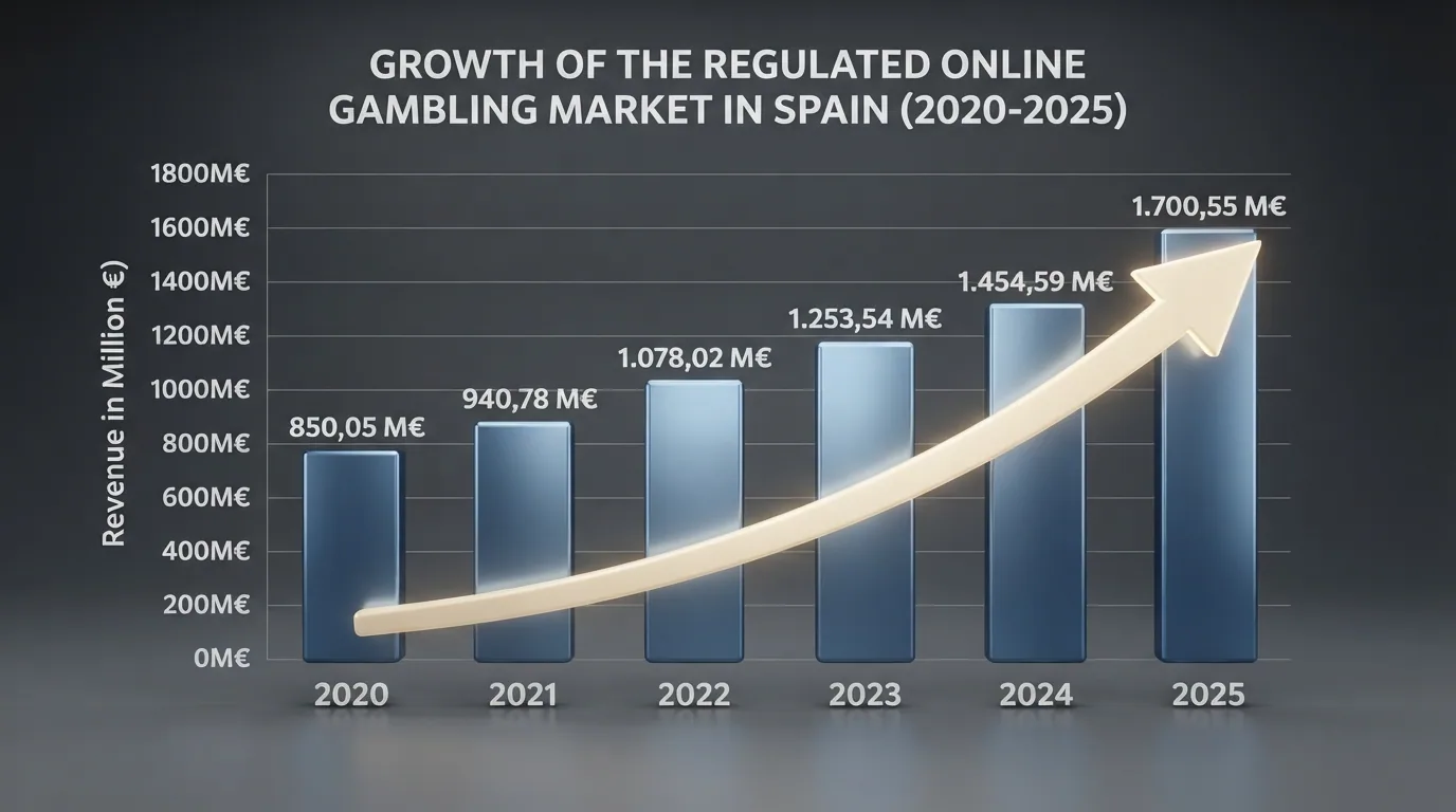 Gráfico de barras con la evolución del GGR del juego online regulado en España de 2020 a 2025, con una flecha ascendente marcada y las cifras de 1.454,59M€ (2024) y 1.700,55M€ (2025) destacadas