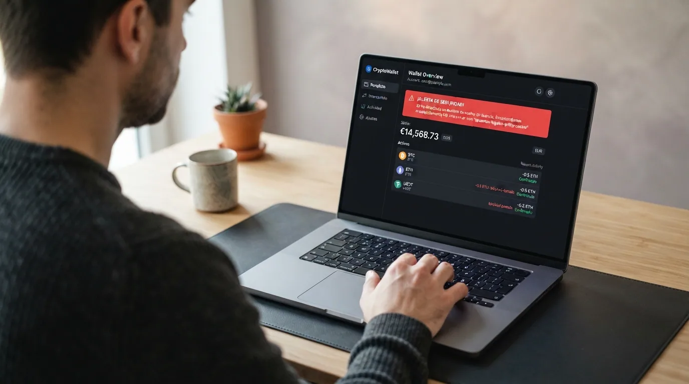 Un monedero digital de criptomonedas en la pantalla de un ordenador junto al aviso de dominio no autorizado de un casino sin licencia DGOJ