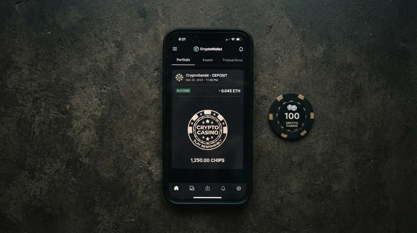 Un monedero de criptomonedas junto a una pantalla de casino con el mensaje «sin licencia DGOJ»