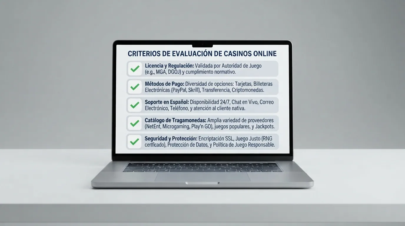 Lista de verificación con los criterios aplicados — licencia, métodos de pago, soporte en español, catálogo de slots y seguridad — sobre un fondo de pantalla de ordenador