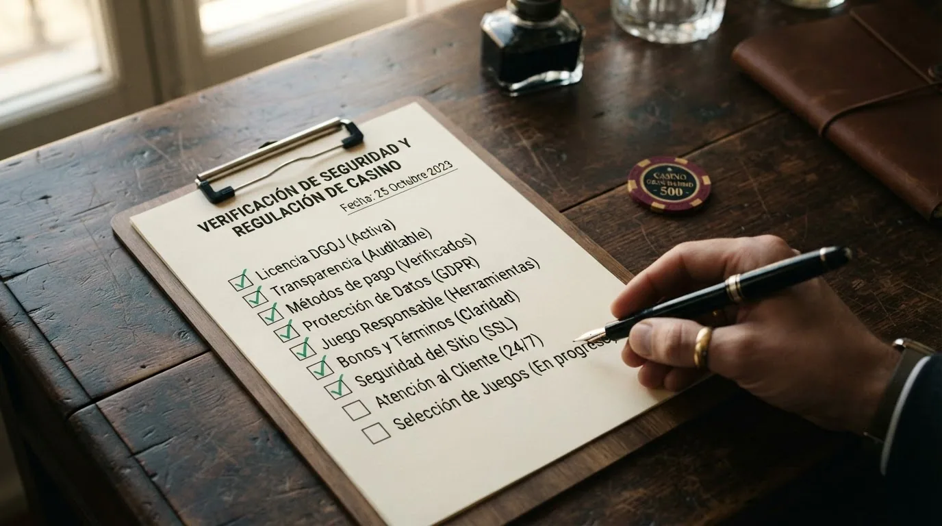 Lista de comprobación con los criterios de evaluación: licencia, seguridad, condiciones de bono, variedad de juegos, métodos de pago y atención al cliente, con marcas de verificación