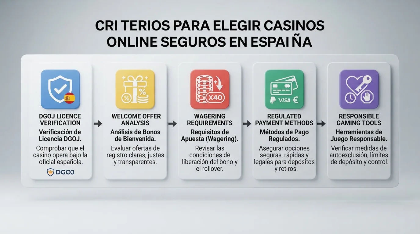 Esquema visual con los criterios de evaluación utilizados en esta guía: verificación de licencia DGOJ en ordenacionjuego.es, análisis de la oferta de bienvenida, requisitos de apuesta, métodos de pago y herramientas de juego responsable