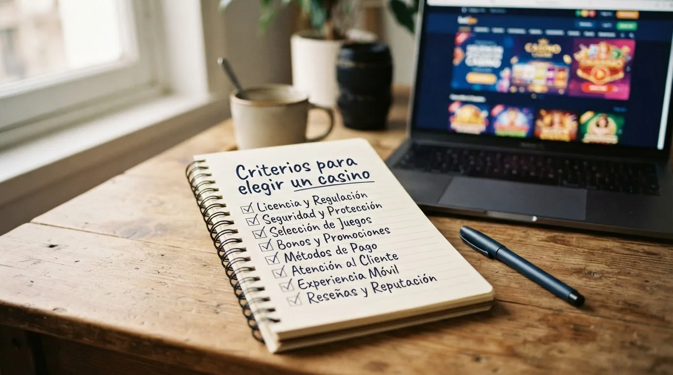 Una lista de verificación con los criterios de selección — licencia DGOJ, dominio .es, catálogo demo amplio y acceso sin registro — junto al logotipo del buscador de operadores de ordenacionjuego.es