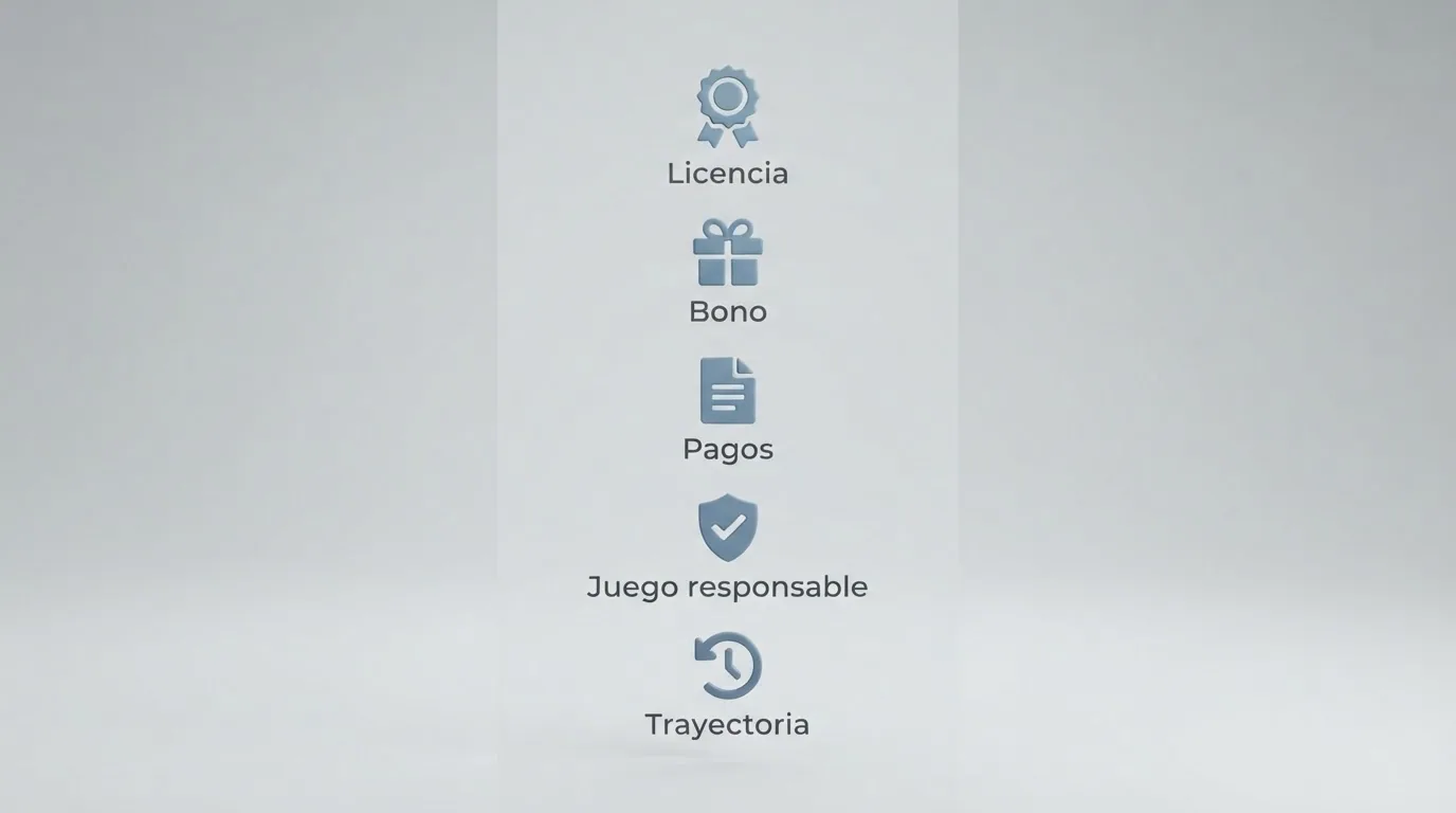 Lista visual con iconos de los cinco criterios de evaluación: licencia, bono, pagos, juego responsable y trayectoria, dispuestos como checklist