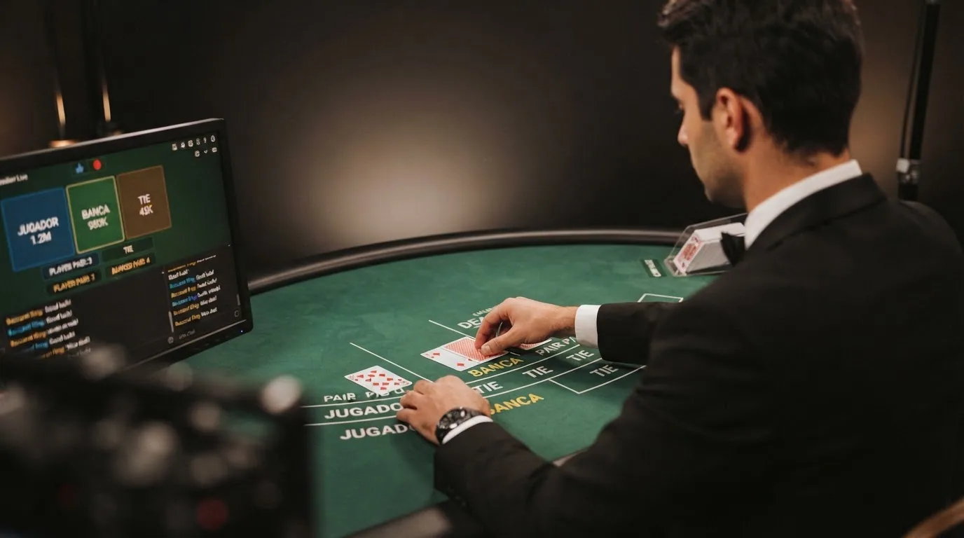 Crupier real barajando cartas en una mesa de baccarat de Evolution Gaming con la interfaz de apuesta superpuesta en pantalla