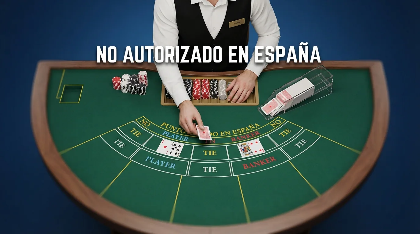 Un crupier de casino repartiendo cartas en una mesa de baccarat en vivo con el texto «No autorizado en España» superpuesto como advertencia visual