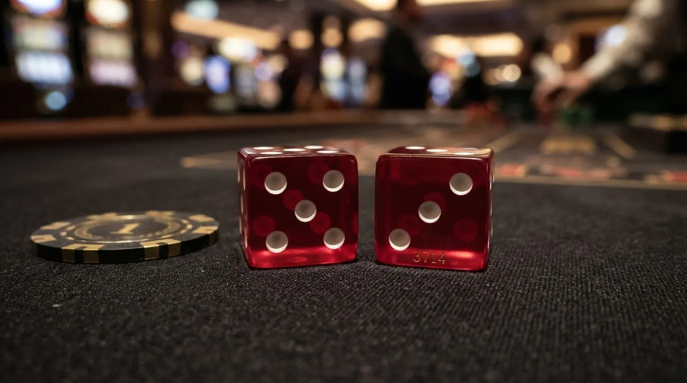 Primer plano de dados de casino translúcidos de color rojo con bordes afilados sobre un tapete