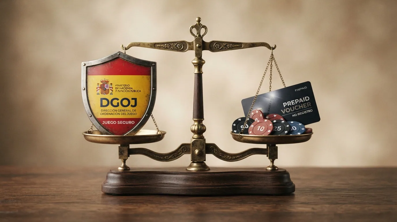 Una balanza con dos platillos: en el izquierdo, un escudo con la bandera de España y el sello DGOJ; en el derecho, fichas de casino y monedas de Bitcoin — la balanza no se inclina hacia ningún lado