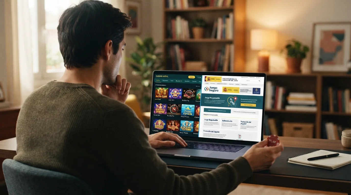 Jugador sentado frente al ordenador con gesto reflexivo, una ventana del navegador muestra un casino offshore y otra la web de la DGOJ con el apartado de juego seguro