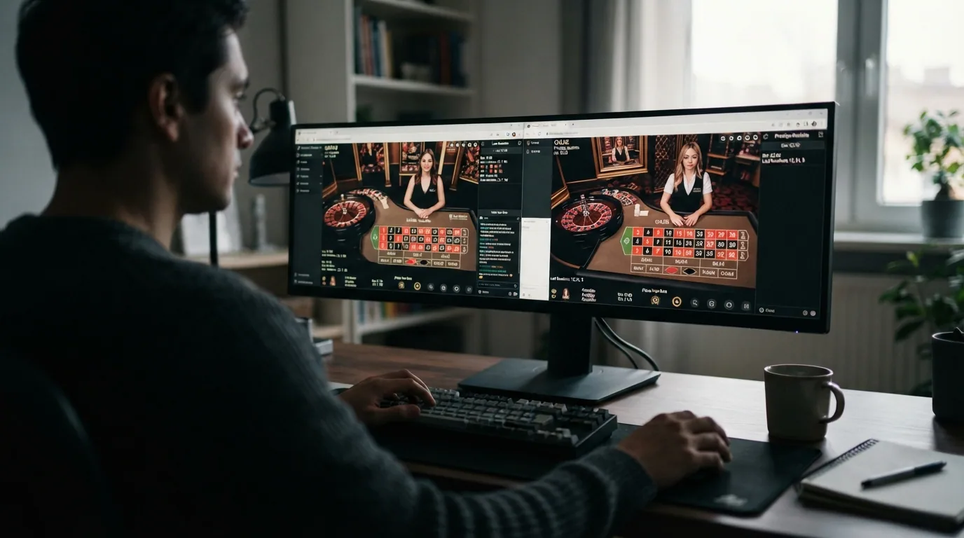 Un jugador sentado frente a la pantalla del ordenador con dos ventanas abiertas comparando fichas de dos operadores de ruleta en vivo