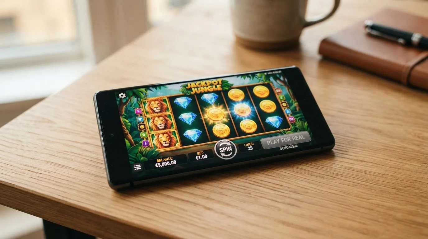 Pantalla de un móvil Android con una tragaperras en modo demo, mostrando el saldo ficticio de 5.000 € y la opción de jugar con dinero real desactivada
