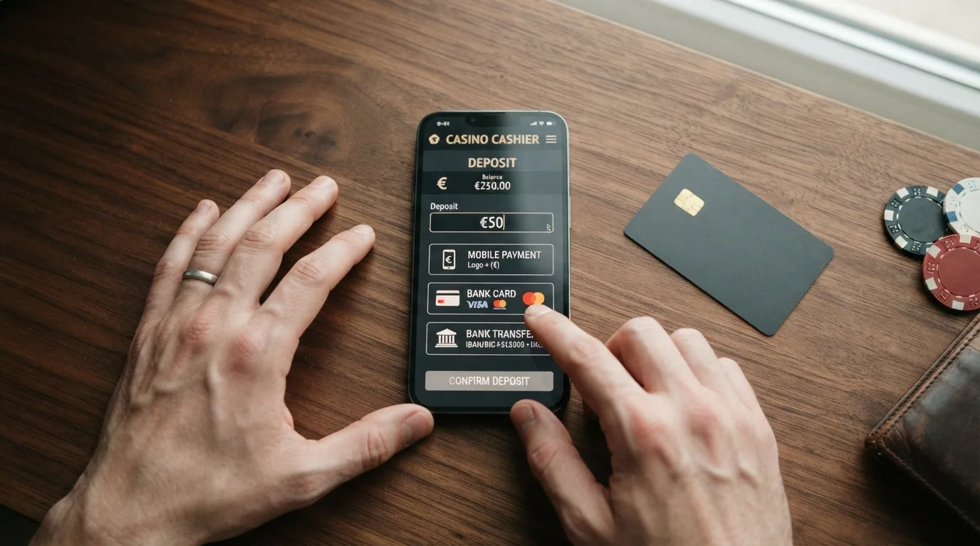 Cajero virtual de un casino online español mostrando los métodos de depósito disponibles: Bizum, tarjeta bancaria, transferencia y monedero electrónico