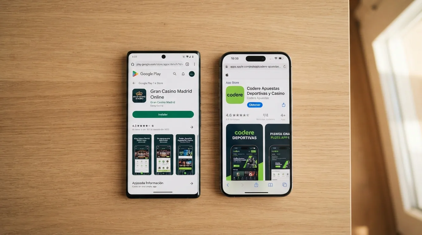 Dos teléfonos, uno Android y un iPhone, mostrando la página de descarga oficial de una app de casino desde la web del operador y la App Store