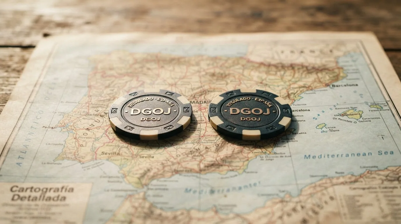 Dos fichas de casino sobre un mapa de España con las mismas siglas DGOJ en ambas