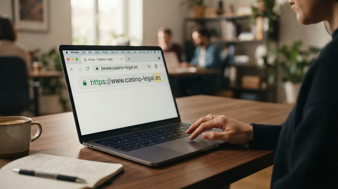 Barra de direcciones de un navegador web mostrando una URL con dominio .es de un casino con licencia, junto a un candado de seguridad