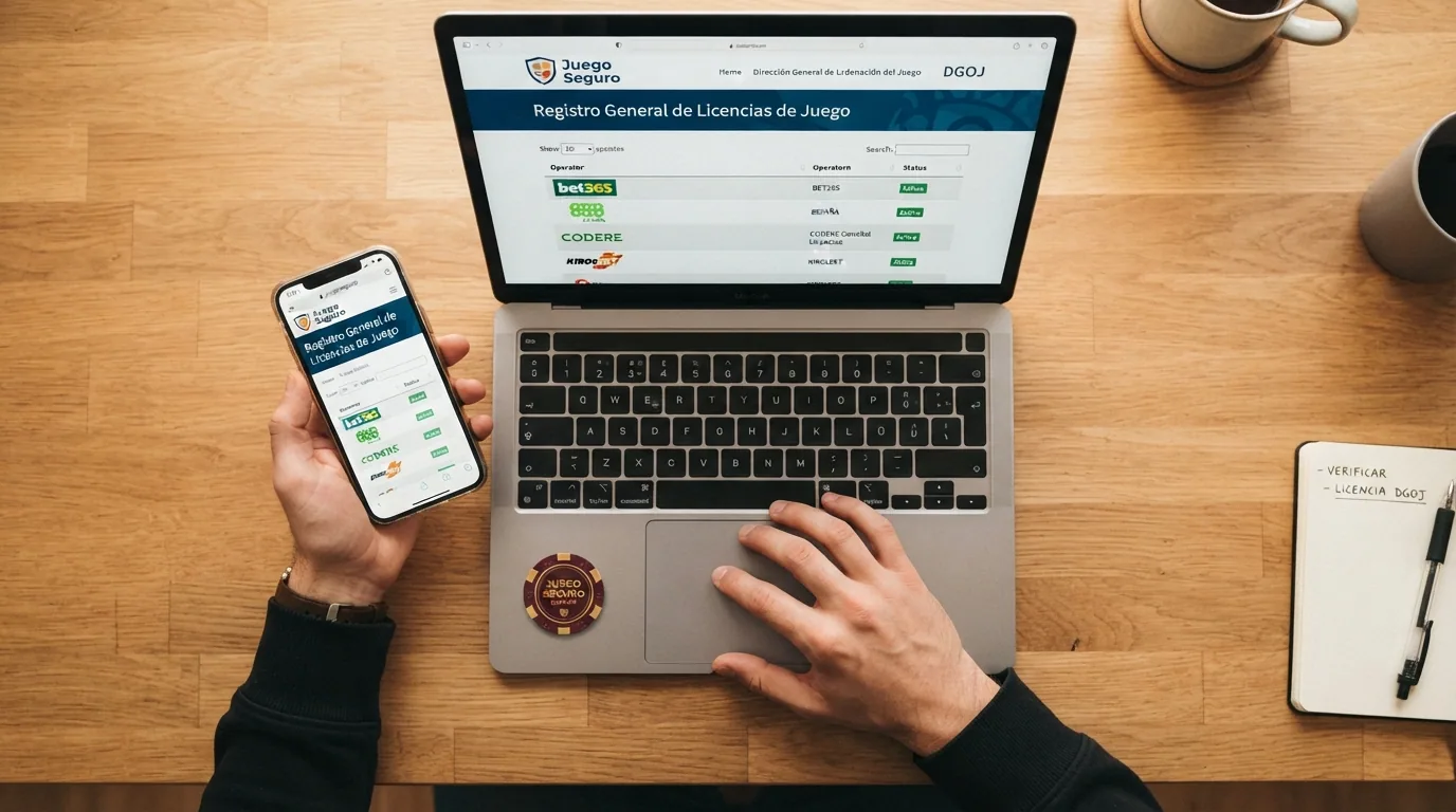 Jugador consultando una guía de casinos legales en un portátil con la web de la DGOJ visible en otra pestaña