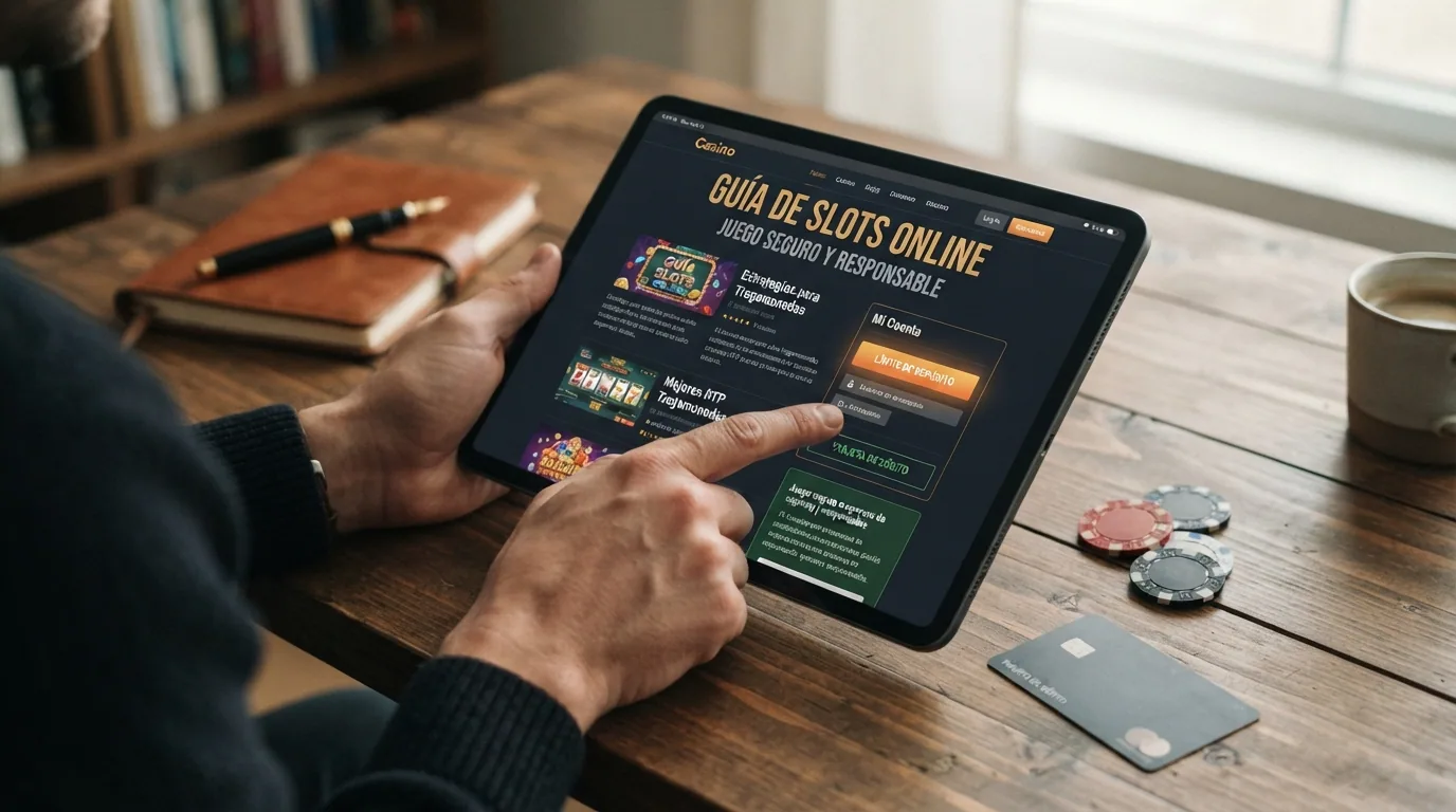 Jugador consultando una guía en tableta junto a la pantalla de un casino online con el botón de límite de depósito visible