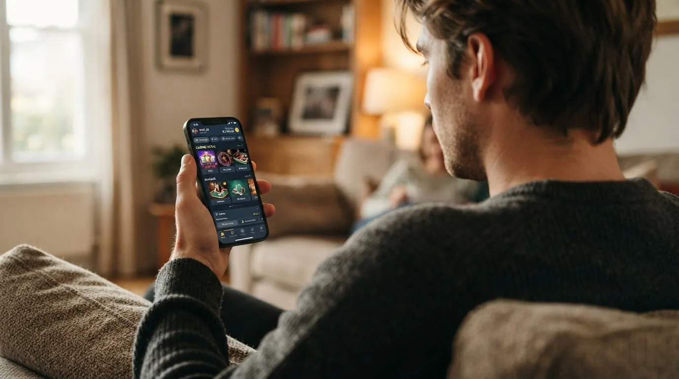 Persona sujetando un móvil con una app de casino abierta, con un entorno doméstico desenfocado al fondo