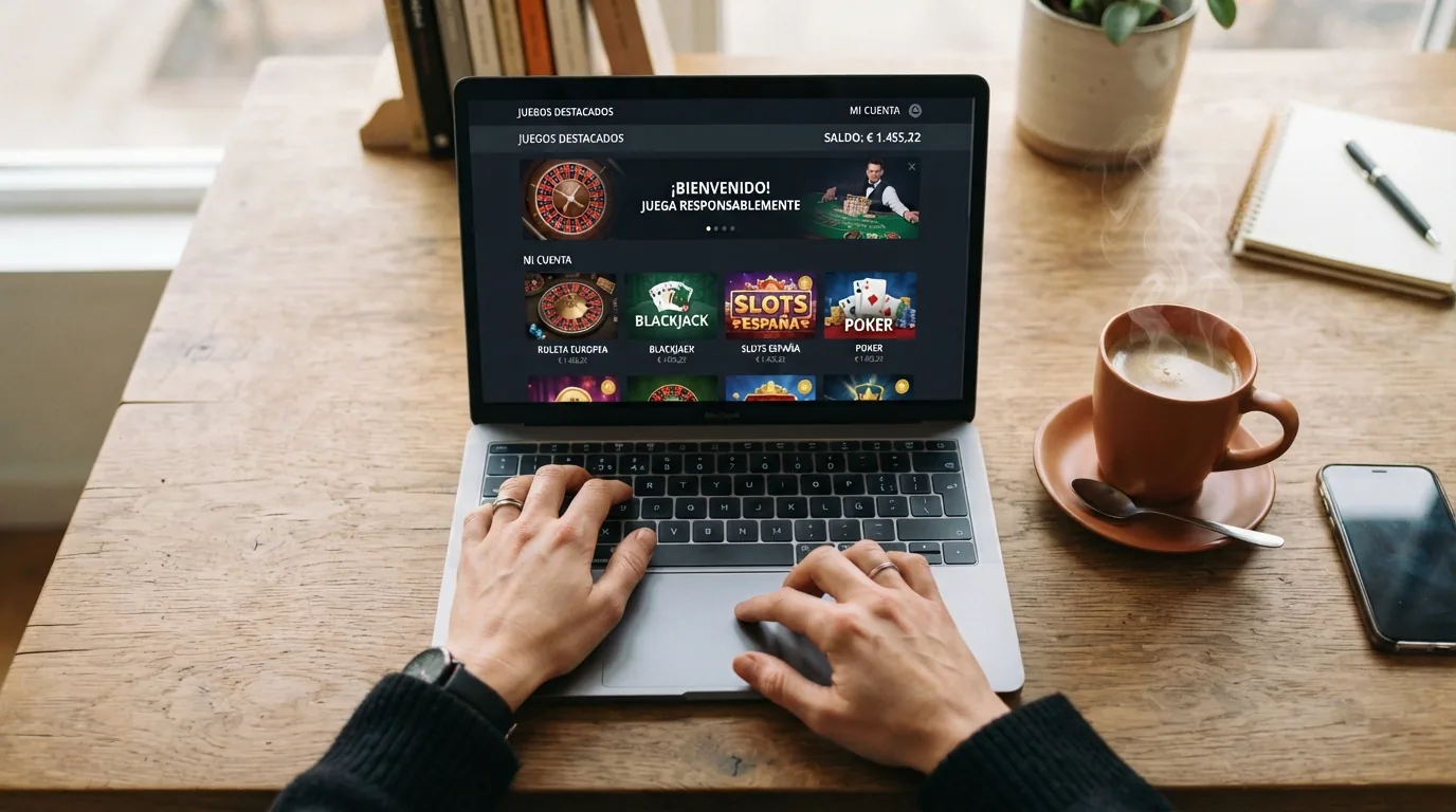Un jugador consultando una página de casino online en una pantalla de ordenador con una taza de café al lado