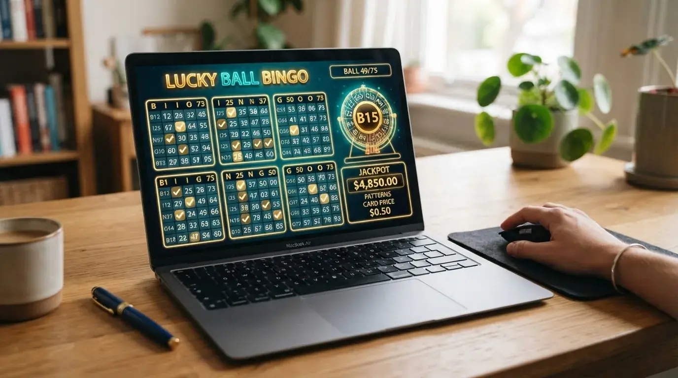 Pantalla de un video bingo con cuatro cartones activos, bombo de bolas y figuras de premio iluminadas