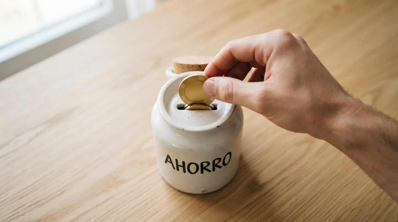 Una mano que retira una ficha de la mesa de juego y la deposita en una hucha con el símbolo de autolimitación, sobre un fondo sereno
