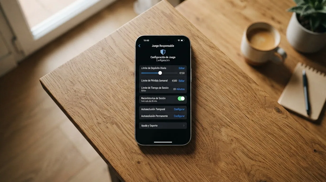 Pantalla de ajustes de una app de casino mostrando las opciones de límite de depósito diario, semanal y mensual junto al enlace de autoexclusión