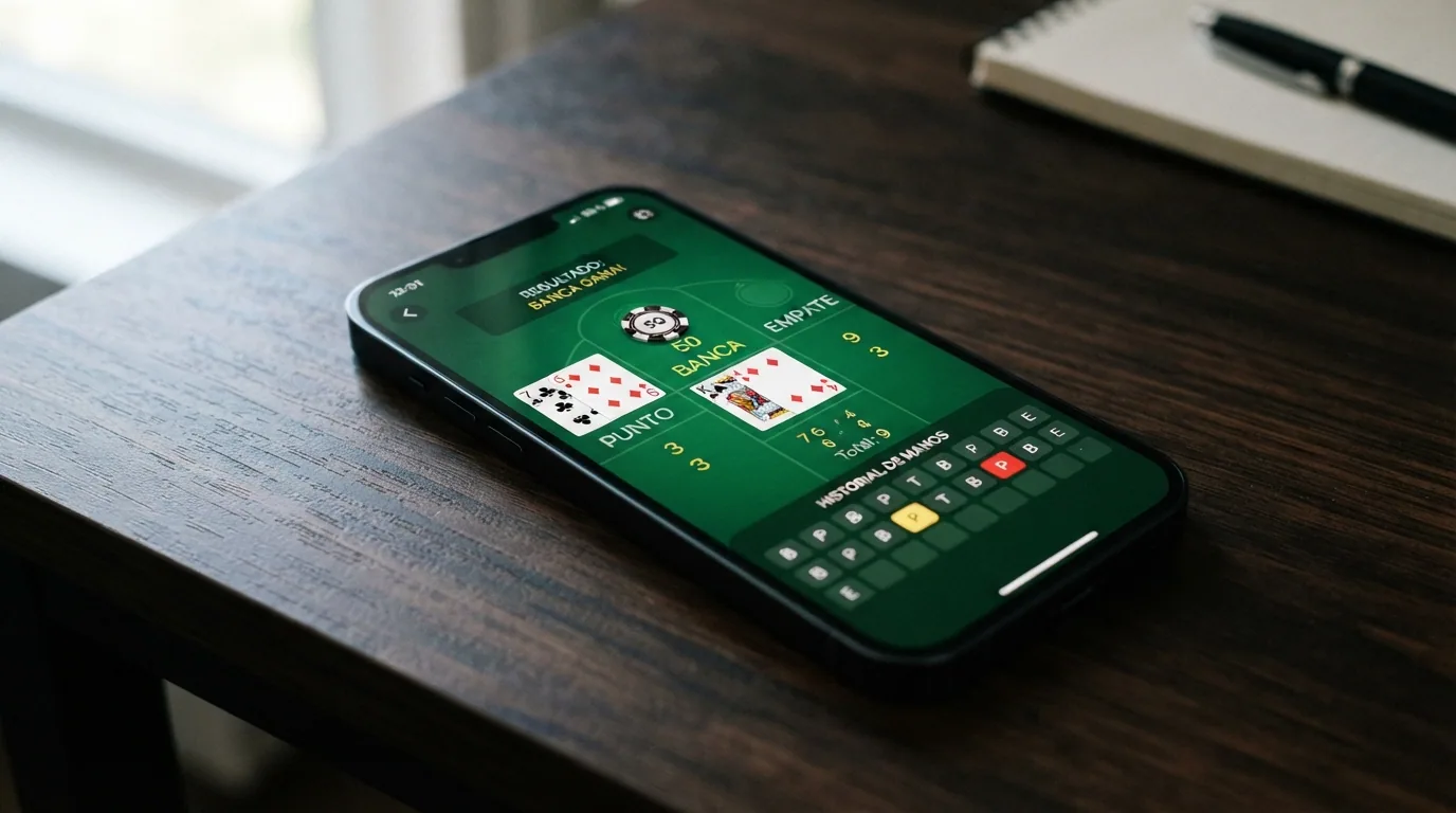 Pantalla de un casino online con la mesa de punto y banca digital, las tres zonas de apuesta (Punto, Banca, Empate) visibles y el historial de manos en la parte inferior