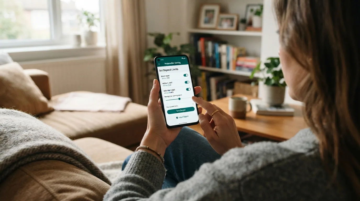 Pantalla de configuración de límites de depósito y opciones de autoexclusión en una app de casino