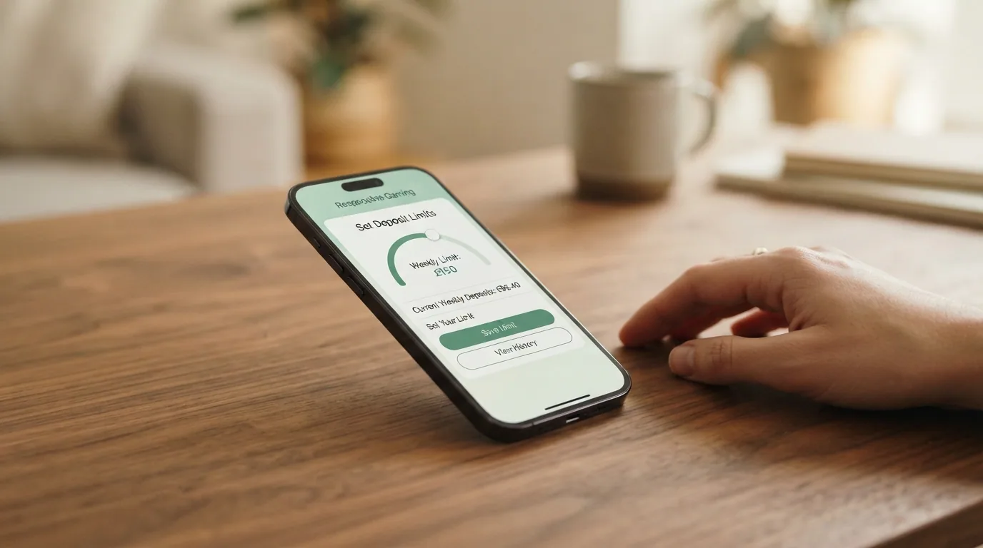 Pantalla de iPhone con la sección de juego responsable de un casino mostrando los controles de límite de depósito, autoexclusión y el teléfono de FEJAR