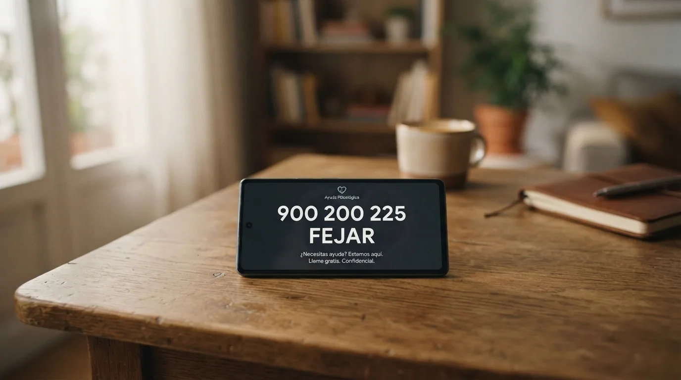 Un teléfono fijo con el auricular descolgado y una nota manuscrita con el número 900 200 225 junto a la palabra «FEJAR»