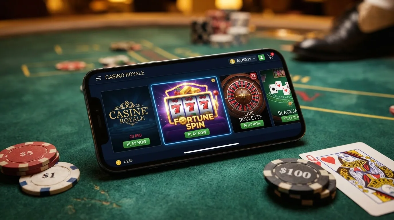 Catálogo de tragaperras, ruleta y blackjack en la interfaz de una app de casino con dinero real