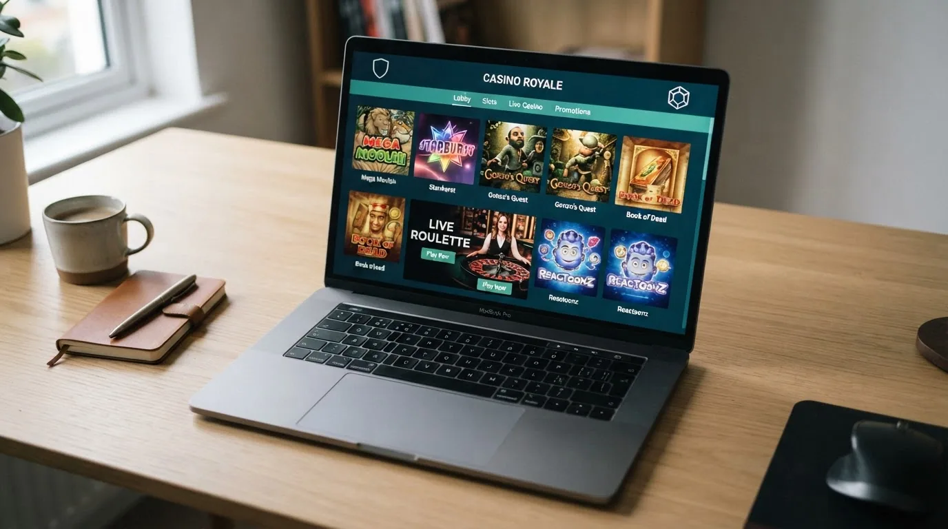 Captura de pantalla del lobby de un casino online con miniaturas de tragaperras, una mesa de ruleta en vivo y los logotipos de Evolution y Pragmatic Play