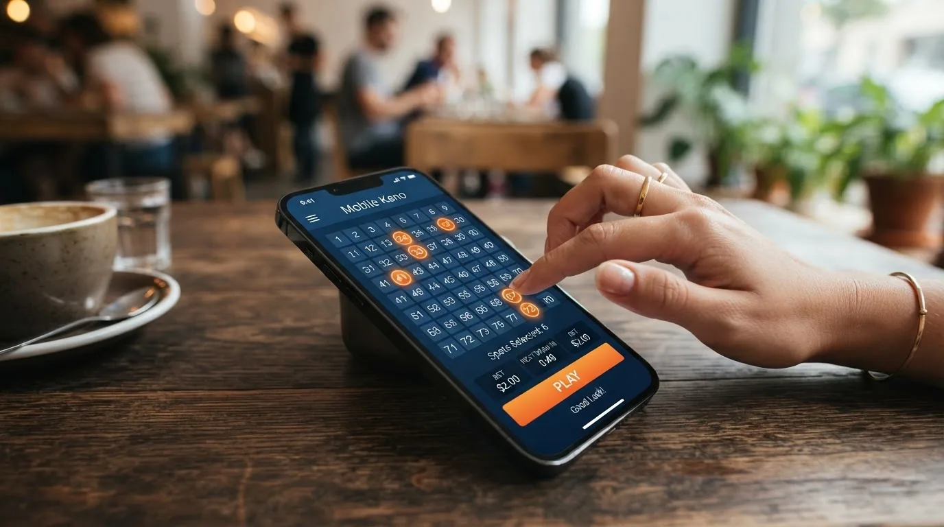 Un teléfono móvil mostrando un juego de keno en pantalla, con la interfaz adaptada al formato vertical y los botones de selección de spots visibles