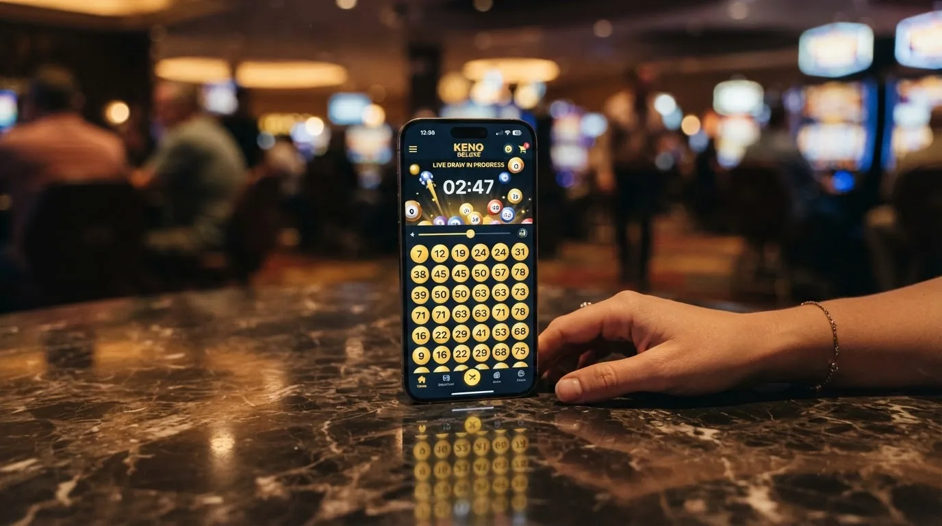 Una captura de la interfaz de Keno Deluxe de GoldenRace mostrando el sorteo en directo con los números extraídos apareciendo en pantalla y el cronómetro de la ronda de 3 minutos