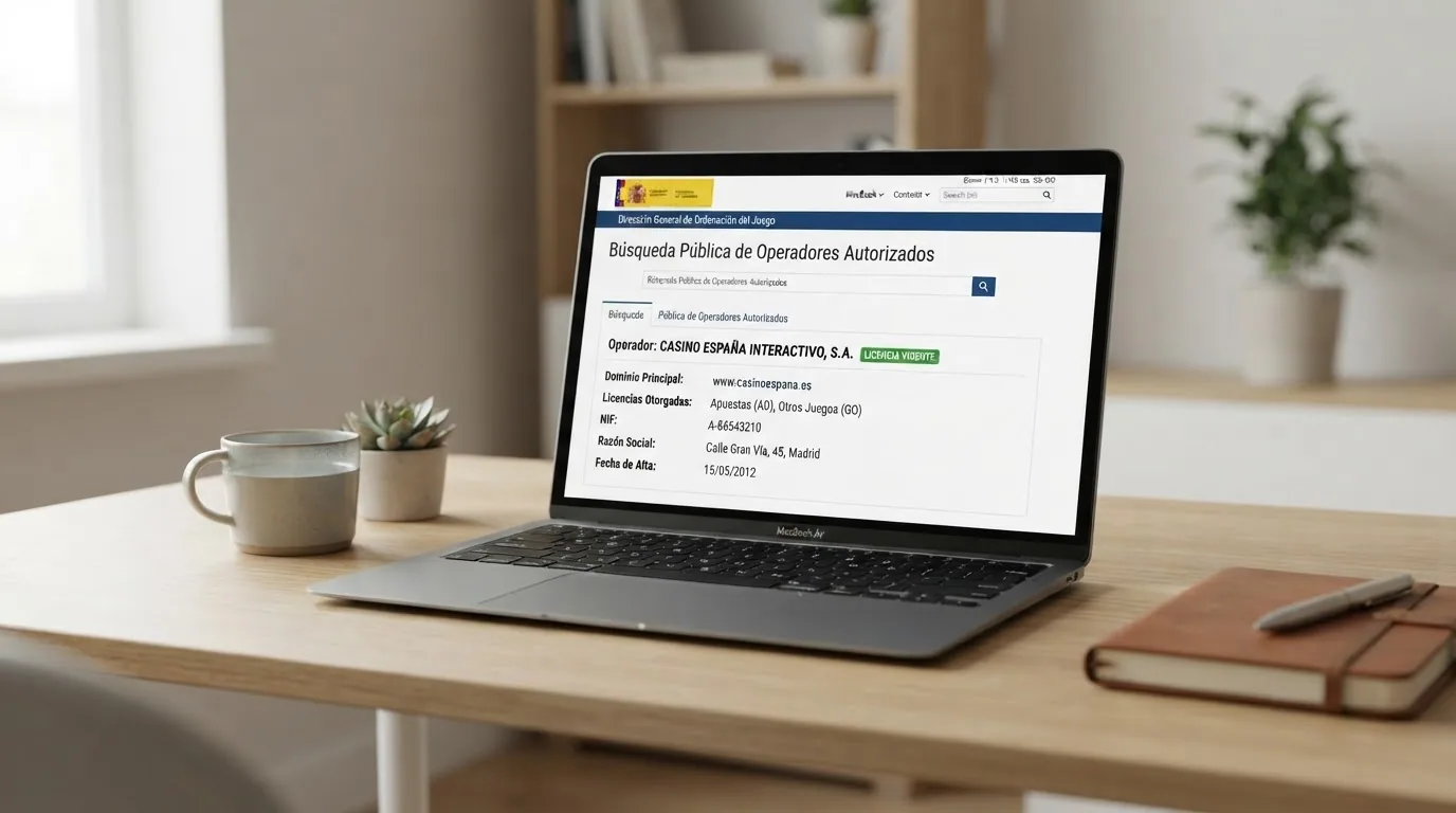 Captura de pantalla del buscador público de operadores de la DGOJ (ordenacionjuego.es) mostrando el resultado de un operador con licencia activa y sus dominios .es autorizados