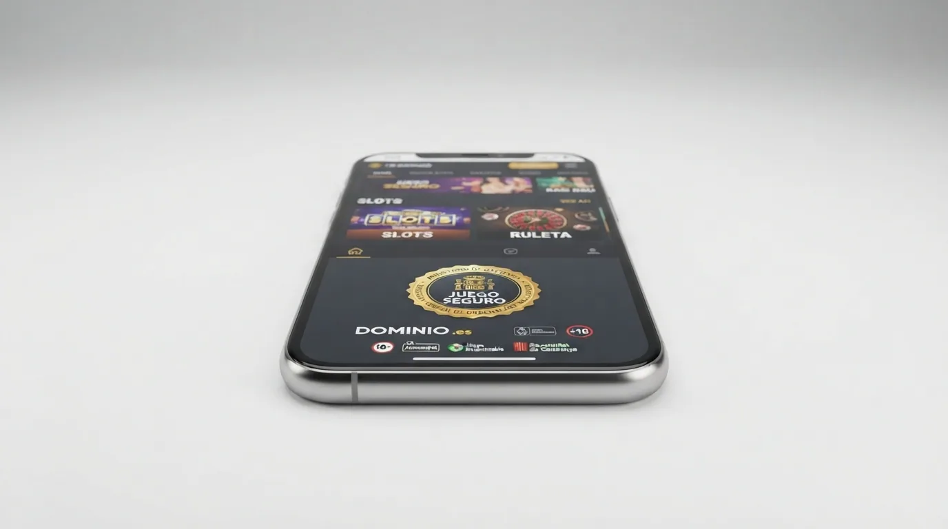 Captura del pie de pagina de un casino movil con el logo de la DGOJ, el sello de juego seguro y el dominio .es visible