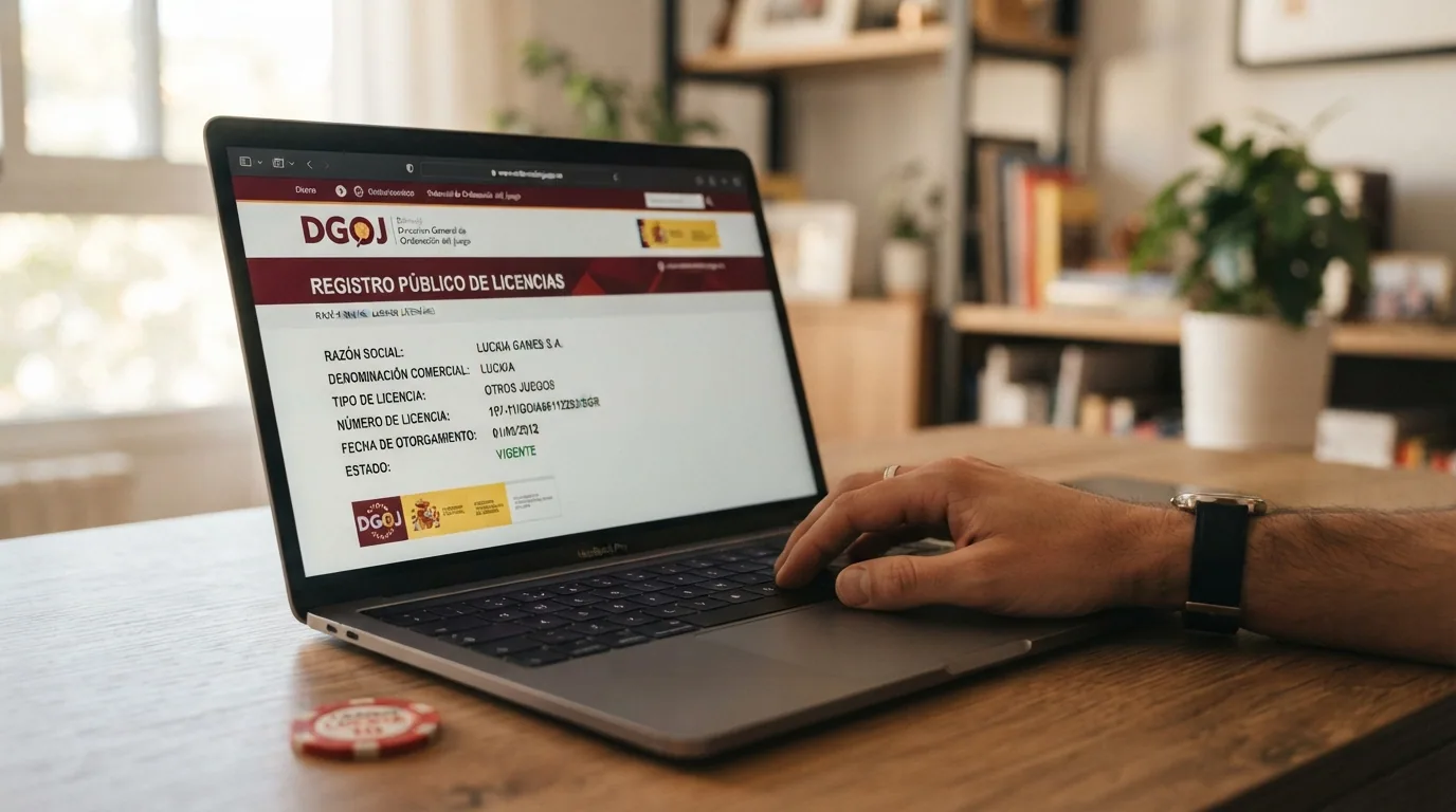 Captura del registro público de la DGOJ en ordenacionjuego.es con un operador de dados seleccionado y su ficha de licencia visible