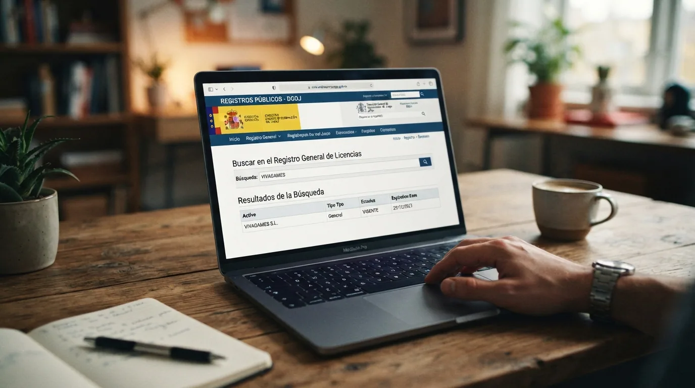 Captura del registro público de operadores con licencia en la web de la DGOJ con el campo de búsqueda y un resultado de ejemplo