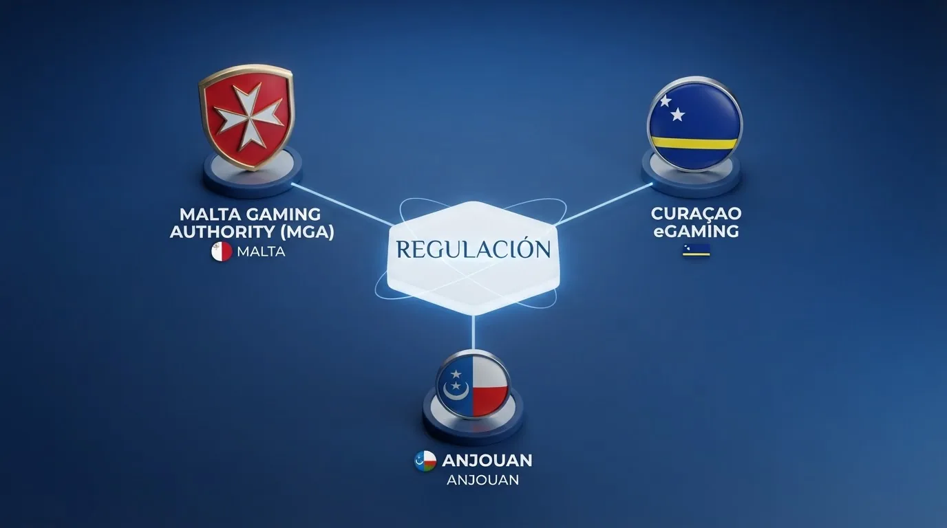 Mapa conceptual con las tres jurisdicciones — Malta Gaming Authority, Curaçao eGaming y Anjouan — y sus rasgos regulatorios clave