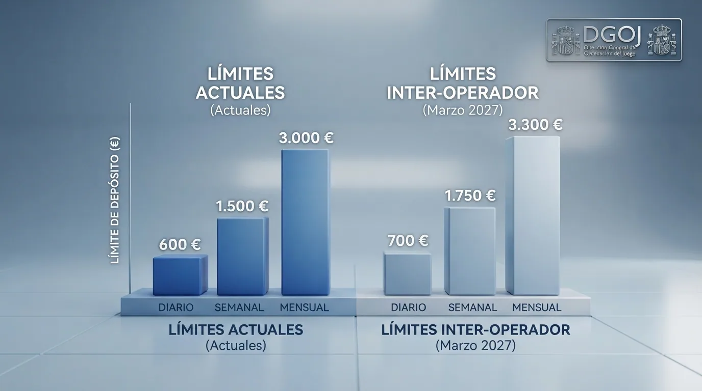 Infografía con los límites de depósito actuales por operador y los nuevos límites conjuntos previstos para marzo de 2027