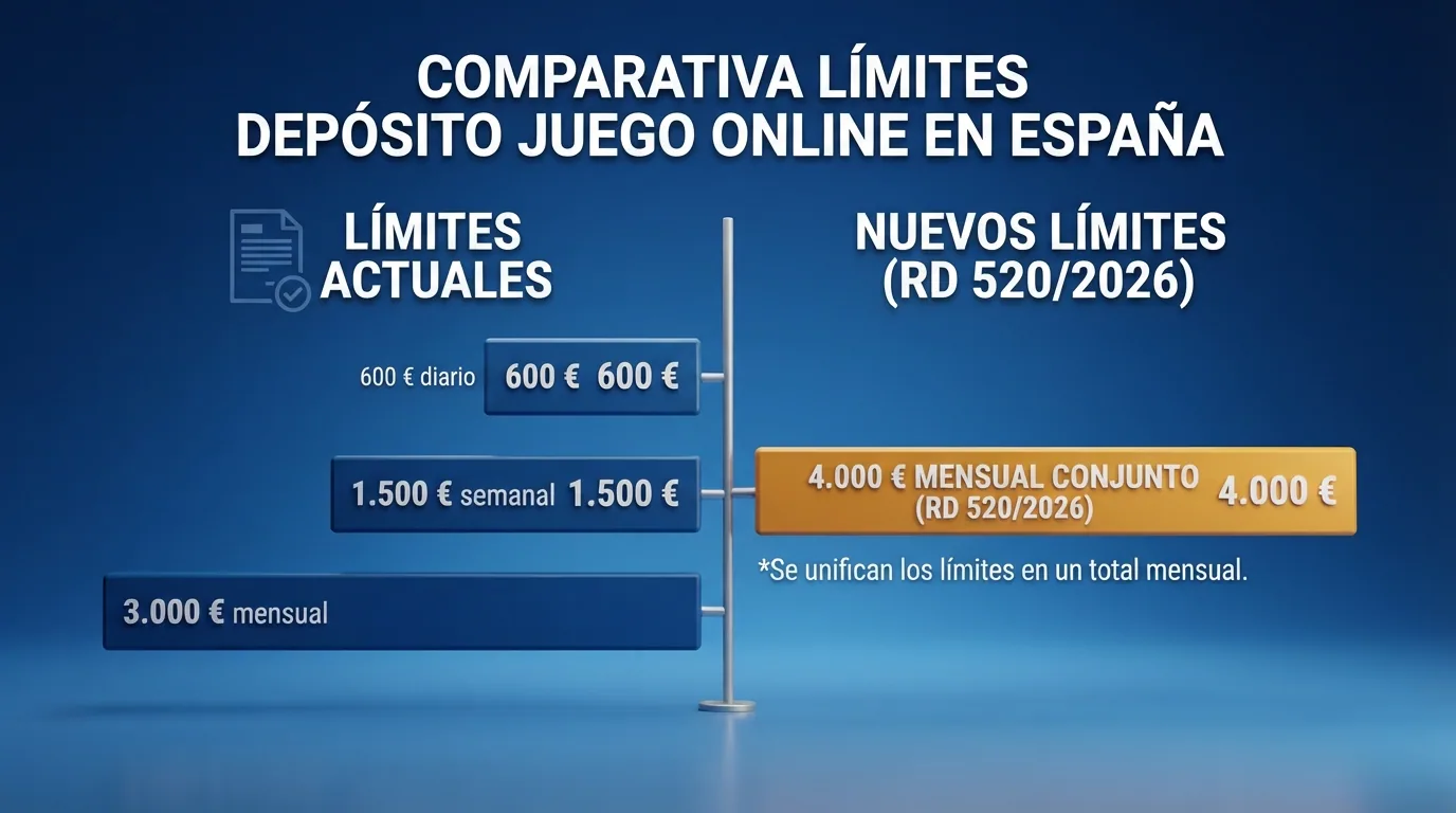 Esquema visual con los tres límites de depósito vigentes (diario, semanal, mensual) y su comparación con los nuevos límites conjuntos del RD 520/2026
