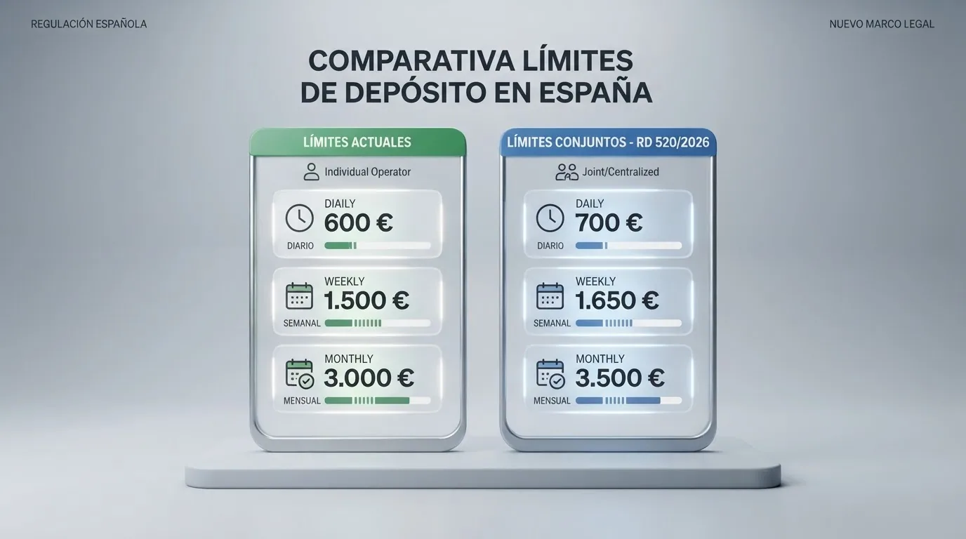 Infografía comparativa con los límites de depósito actuales por operador y los nuevos límites conjuntos del RD 520/2026