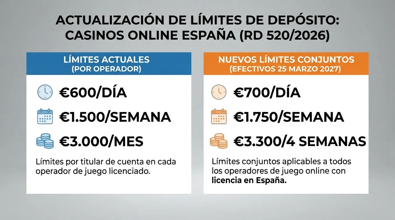 Infografía comparativa con dos columnas: a la izquierda los límites de depósito actuales por operador (600 €/día, 1.500 €/semana, 3.000 €/mes) y a la derecha los nuevos límites conjuntos del RD 520/2026 (700 €/día, 1.750 €/semana, 3.300 €/4 semanas) con la fecha de entrada en vigor: 25 de marzo de 2027