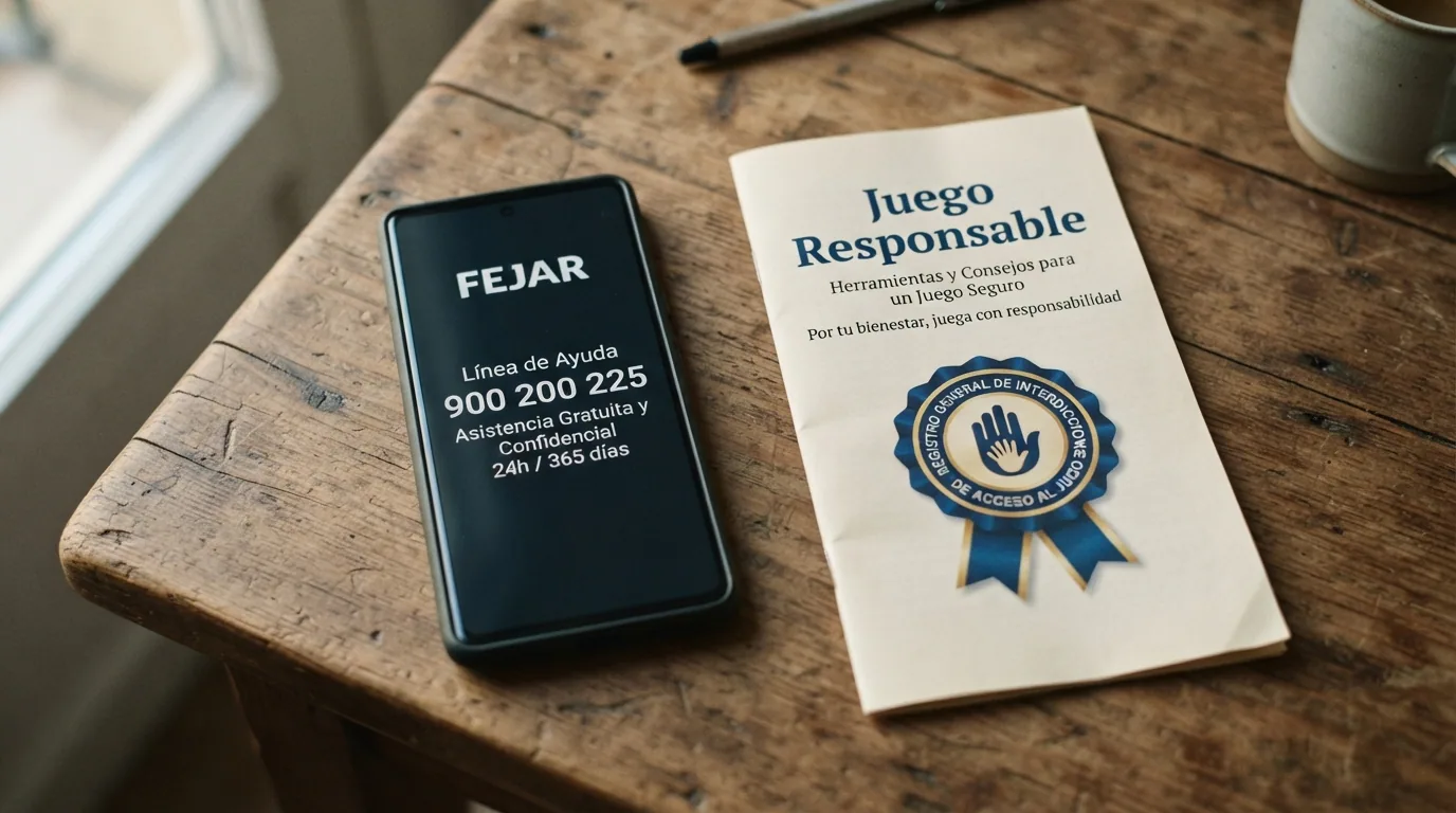 Teléfono fijo con el número 900 200 225 marcado en la pantalla, junto a un folleto de FEJAR y el logotipo del RGIAJ
